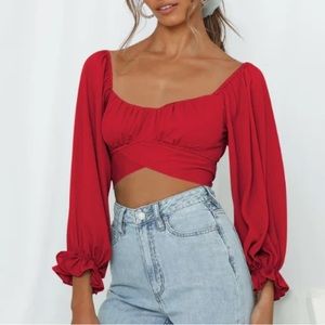 Red Bow Crop Top Long Sleeve